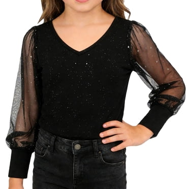 Yiyuu Girls Sparkly Mesh Long Sleeve V Neck Blouse Elegant Party Shirt Top, Sizes 4-14