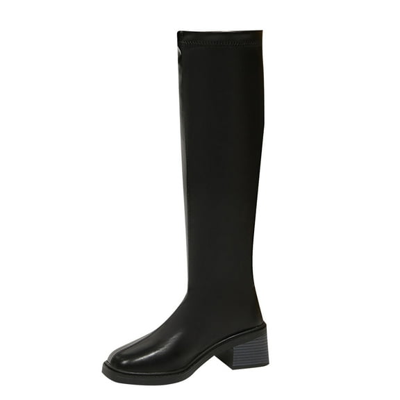 Black Ladies Classic Long Boots With 2 Inch Heel For Autumn And Winter Wear Comfortable And Stylish With Durable Pu Construction