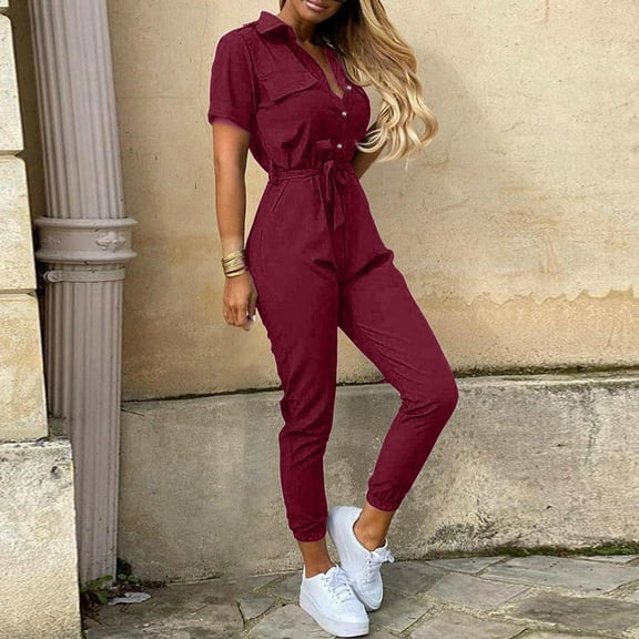 Jumpsuits For Women Summer Casual Short Sleeve Lapel Button Down Belt Work Jumpsuit Rompers With Pockets off The Should Jumpsuit for Women Overlay Suit Long Sleeve Turtleneck Tall Bodysuit for Women