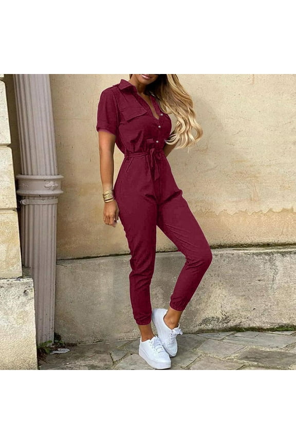 Jumpsuits For Women Summer Casual Short Sleeve Lapel Button Down Belt Work Jumpsuit Rompers With Pockets off The Should Jumpsuit for Women Overlay Suit Long Sleeve Turtleneck Tall Bodysuit for Women
