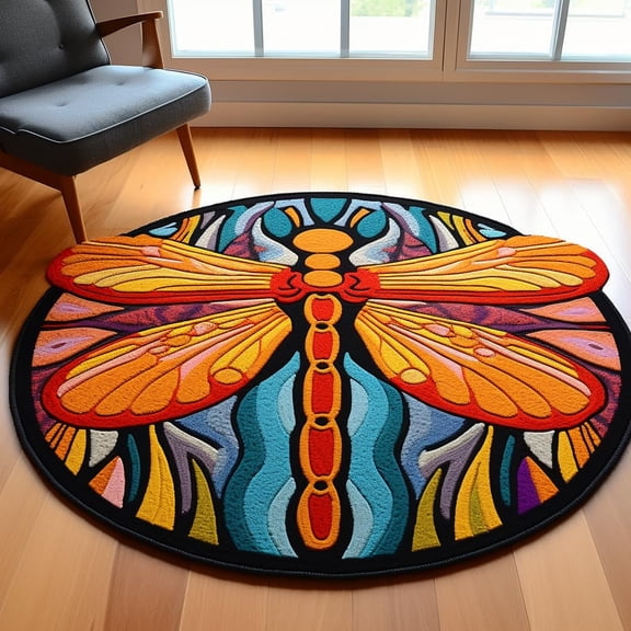 Latch Hook Round Rug Kits Colorful Dragonfly for Beginner Needle Crochet Yarn Kits Embroidery Carpet Hook and Latch Kit Tapestry Christmas Home Decoration 45x45cm(1)