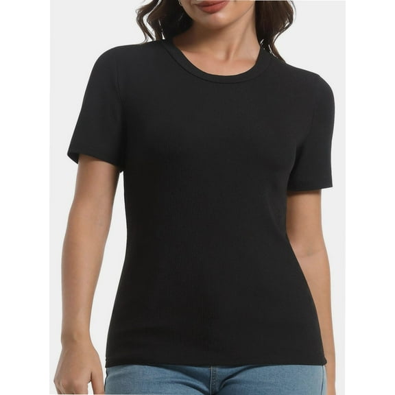 Women's Crew Neck Ribbed Fitted Shirt Basic Short Sleeves Summer T Shirt Tops
