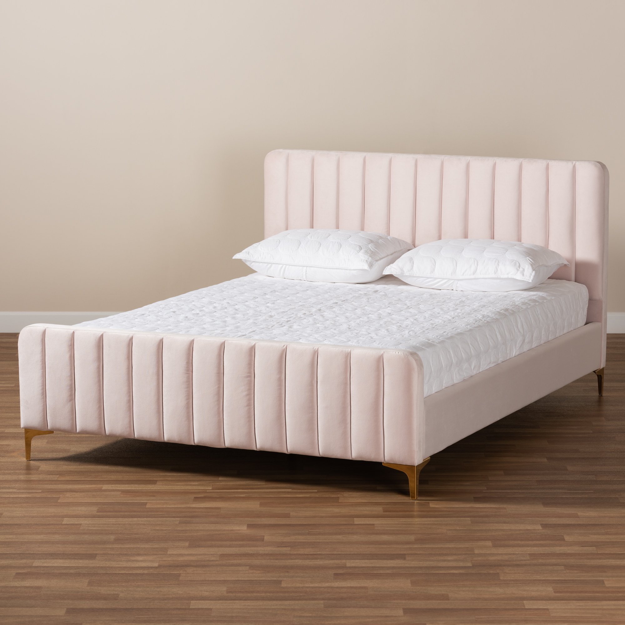 Baxton Studio Nami Full Size Channel Tufted Headboard Modern Platform Bed, Light Pink / Gold