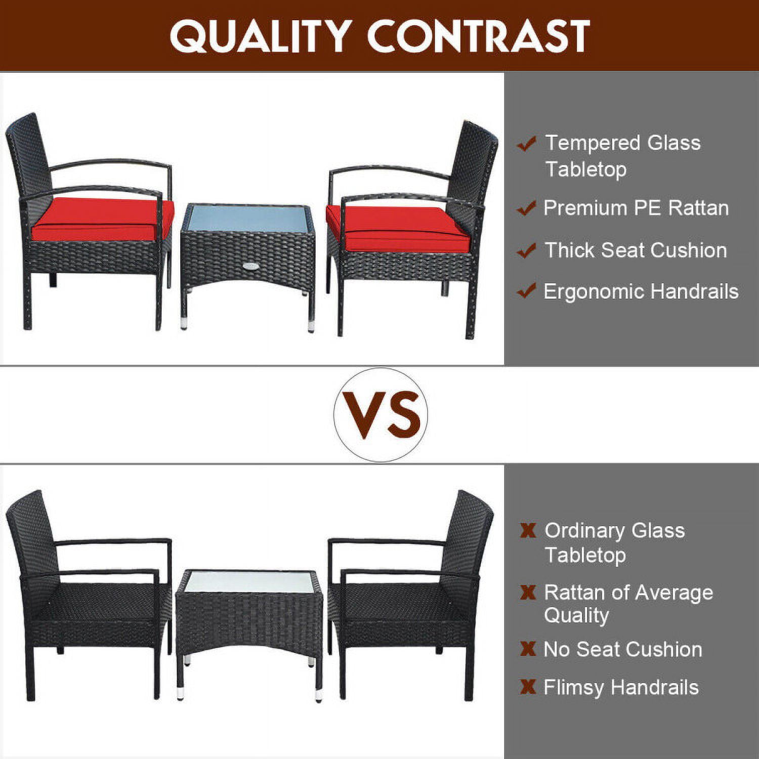 Aimee Lii 3 Pieces Patio Wicker Rattan Furniture Set with Cushion for Lawn Backyard, Rattaner Outdoor Patio Furniture, Red