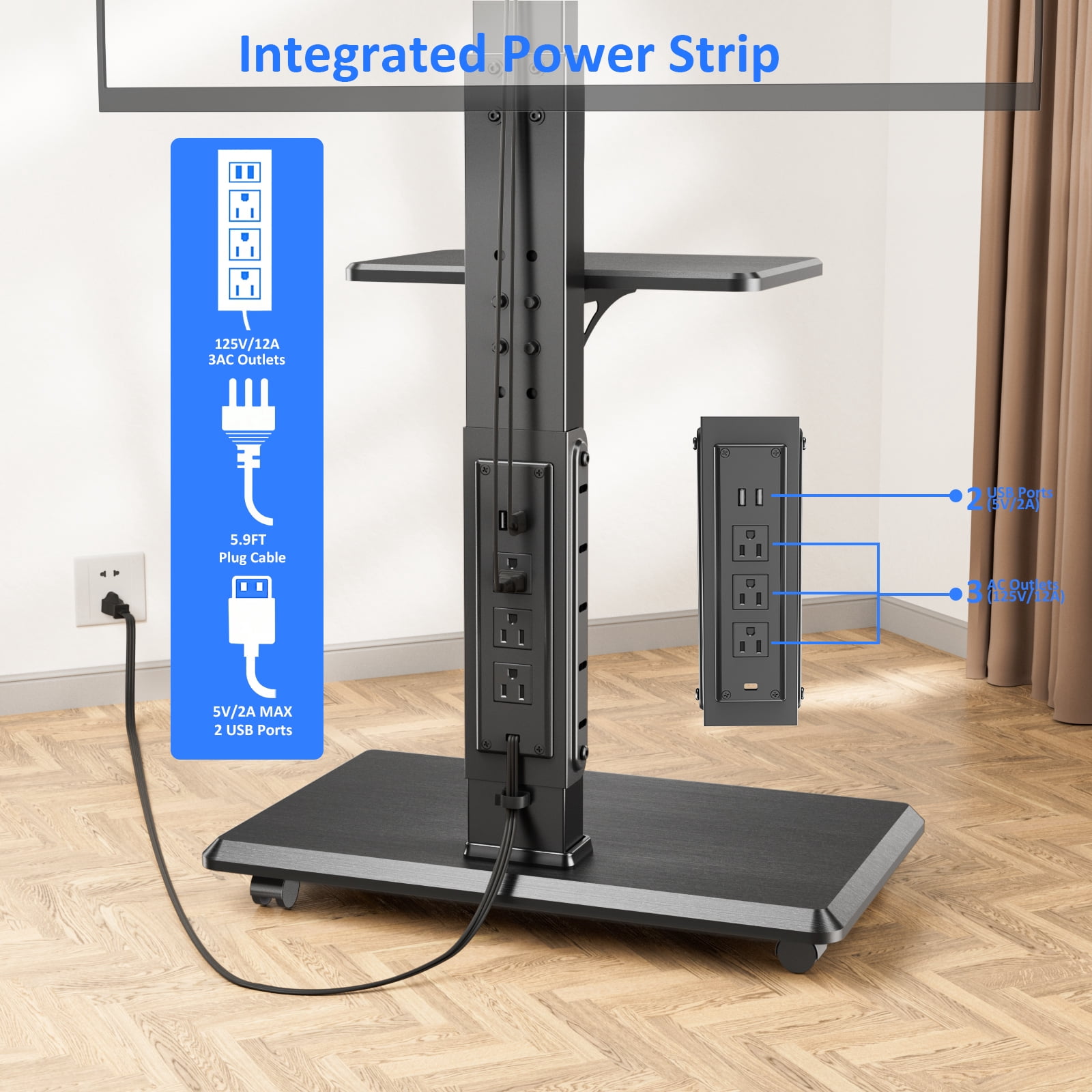 Rolling TV Stand with Power Outlet, Mobile TV Cart for 32-75 Inch TVs up to 110 lbs, 18 Adjustable Heights, Max VESA 600x400mm, TV Floor Stand with Swivel Mount/Shelf/Wheels, Fits for Bedroom