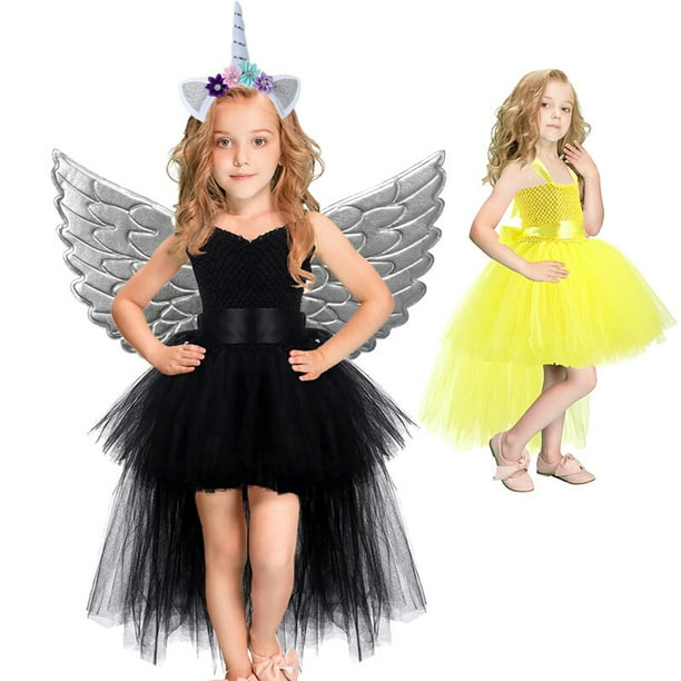 Vestido de princesa de cola larga para ninos tutu de malla disfraz de cabestrillo de encaje negro para ninas Halloween Nairobi Orn fiesta de cumpleanos cosplay de angel zhangyuxiang unisex Bodega