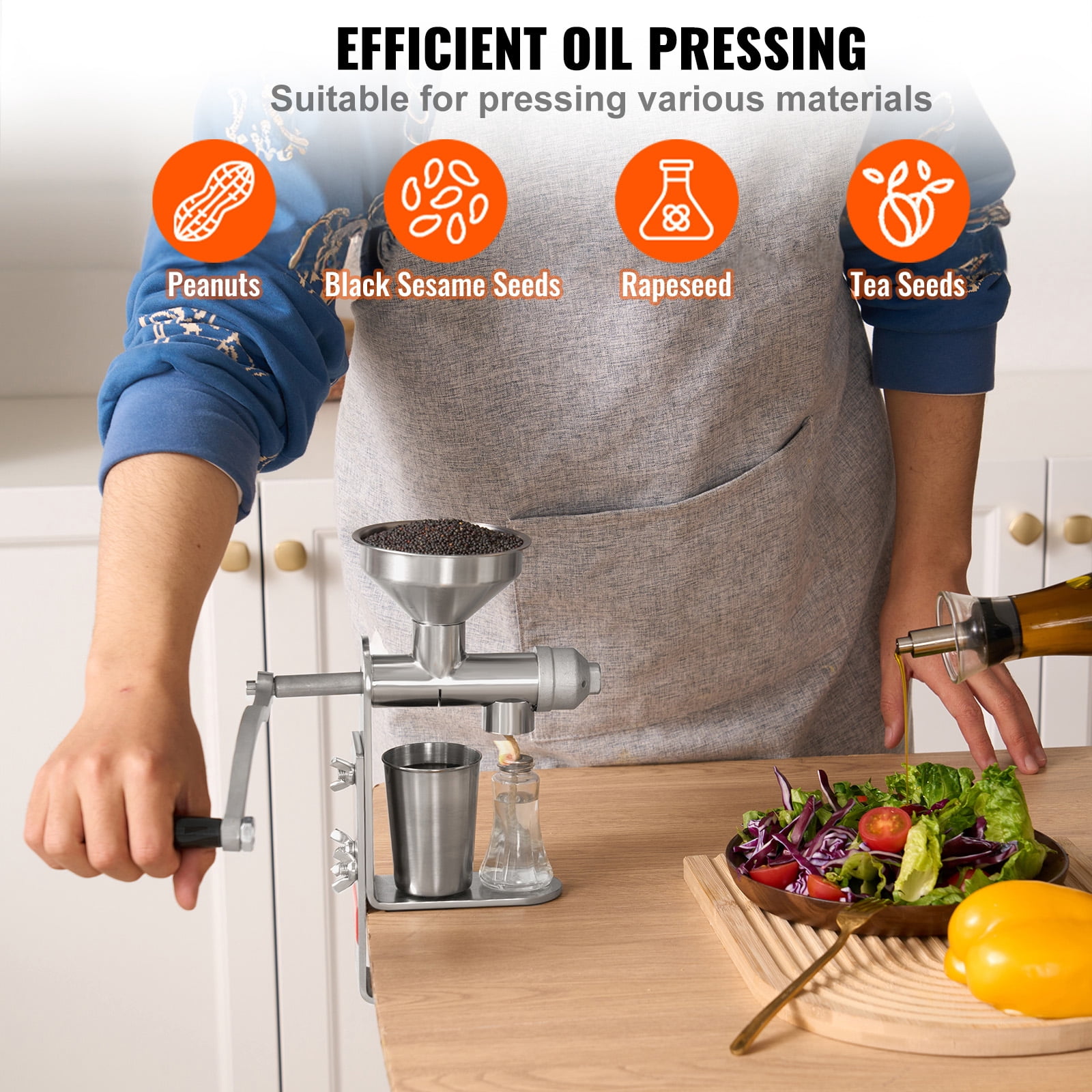 KFFKFF Hand-Operated Oil Press, Durable Stainless Steel Oil Extraction Device, Easy-to-Clean Detachable Press Mechanism, Ideal for Home Use, Suitable for Peanuts, Sesame, Rapeseed, Tea Seeds