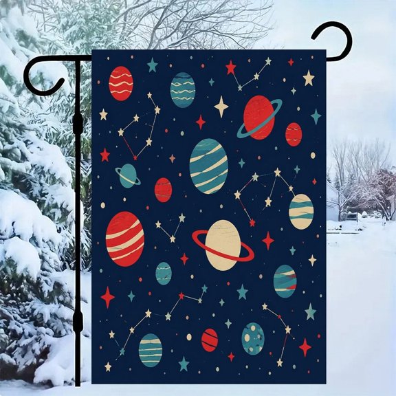 RKSupls Patriotic Linen Double Sided Garden Flag, Independence Day Themed Yard Decor, Space Planets Stars Constellation Outdoor Banner for Holiday Lawn