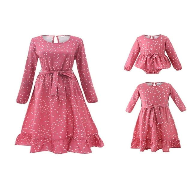 EIMELI Robes Assorties Maman et Moi pour la Famille Col Rond Manches Longues Taille Haute Imprimé à Pois Robe Longue à Volants avec Ceinture pour Maman Enfants