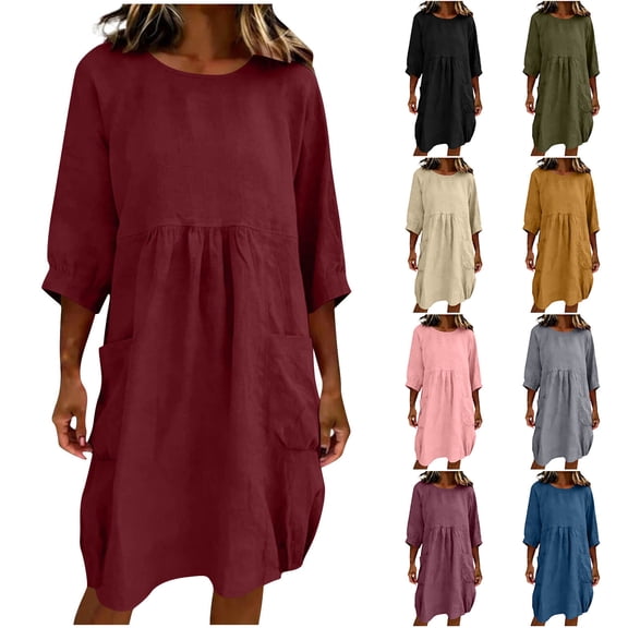 cocolona Summer Dresses for Women Crew Neck 3/4 Sleeve Mini Dress Casual Loose Vacation Beach Sun Dress with Pockets