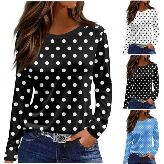 Miluxas Shirts for Women Long Sleeve Crewneck Polka Dot Print Casual Dressy Tops Fall Fashion Clothes White XL(XL)