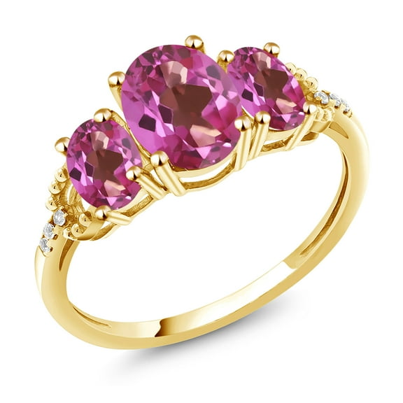 Gem Stone King 10K Yellow Gold Pink Mystic Topaz and Diamond 3-Stone Engagement Ring | 2.34 Cttw | Oval 8X6MM and 6X4MM | Three Stone Wedding Anniversary Promise Ring for Women (Size 7)