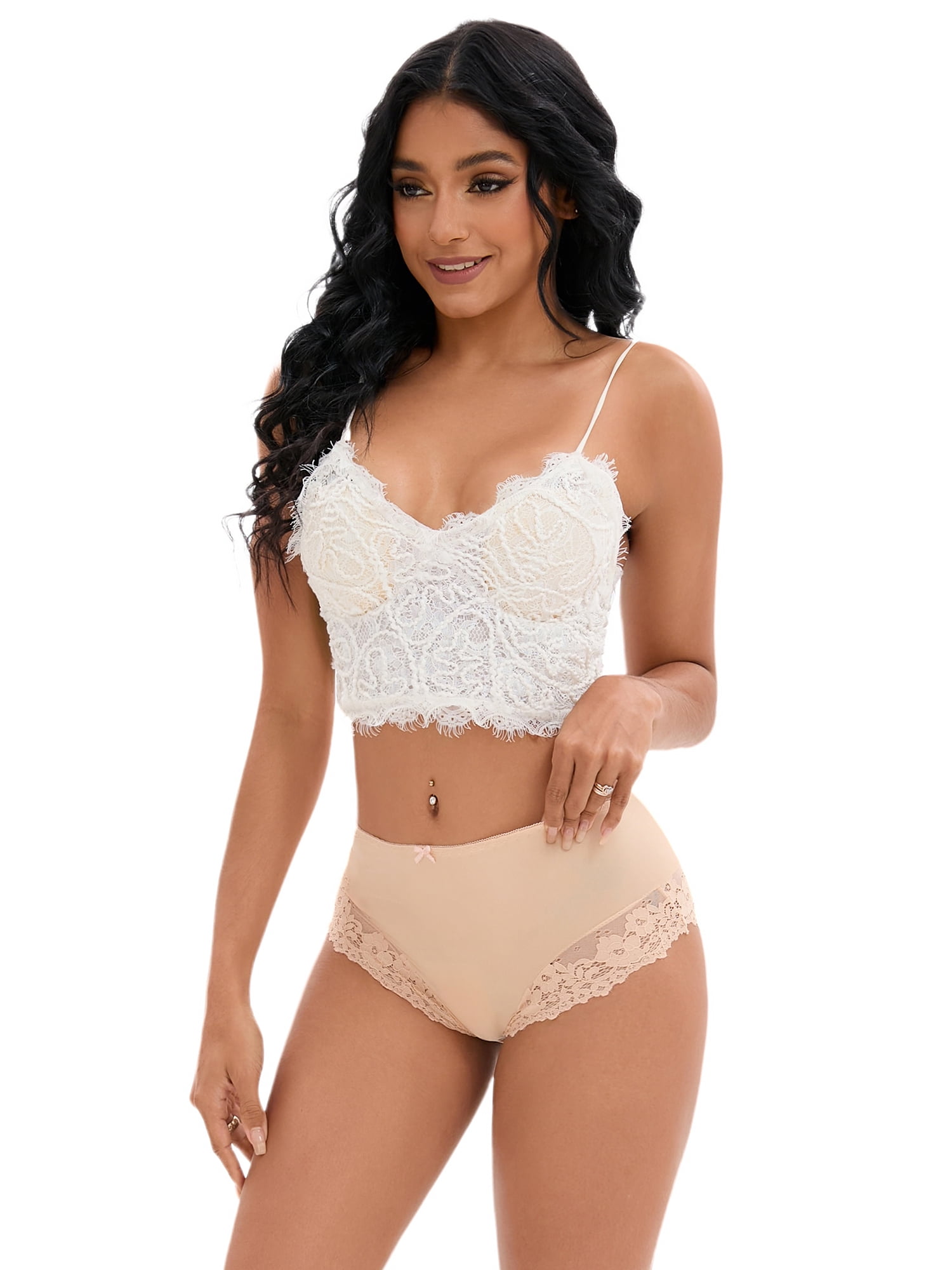 DARING DIVA Women's Lace Underwear Mid-Waisted Briefs Full Coverage Panties S Beige