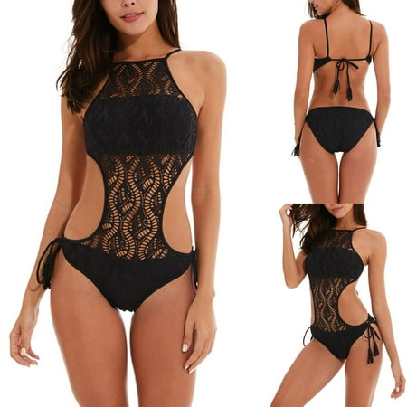 POROPL Womens Swimsuits One Piece Halter Top Swim Cutout Padded Bra Lace Swim Black Size S-XL