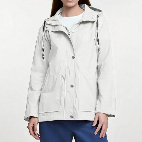 Women's Waterproof Ski Jacket Women Solid Rain Jacket Outdoor Plus Size Hooded Raincoat Windproof White 3XL