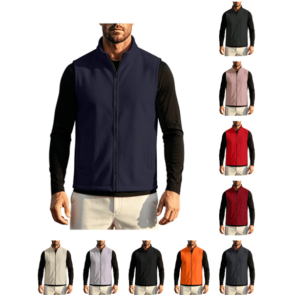 Atkumj Fleece Vest Men with Pockets Warm Stand Collar Full Zip Vests Casual Solid Color Mens Outerwear Vests for Outdoor Activity XXS