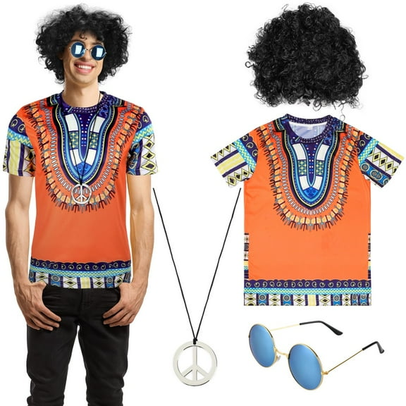 4Pcs 60s 70s Retro Men's Outfits Kit, including Hippie Shirt, Black Afro Wig, Sunglasses, Peace Sign Necklace, Vintage Dressing Accessories, Fancy Dress Party Supplies