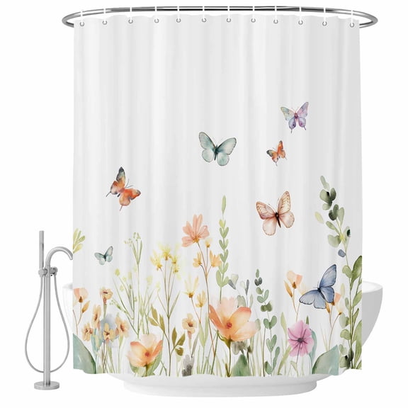 Floral Watercolor Butterfly Fabric Shower Curtain Wildflowers Plant Washable Shower Curtains for Bathroom, Waterproof Bath Curtain with Hooks Home Decor 72x72in