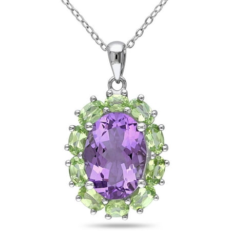 Tangelo 7-1/3 Carat T.G.W. Amethyst and Peridot Sterling Silver Halo Pendant, 18