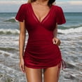 thumbnail image 3 of Efsteb Women's Swimsuits Swim Dress Ruffle Short Sleeve V Neck Bathing Suit Mesh Patchwork Swimwear (Wine,S), 3 of 7