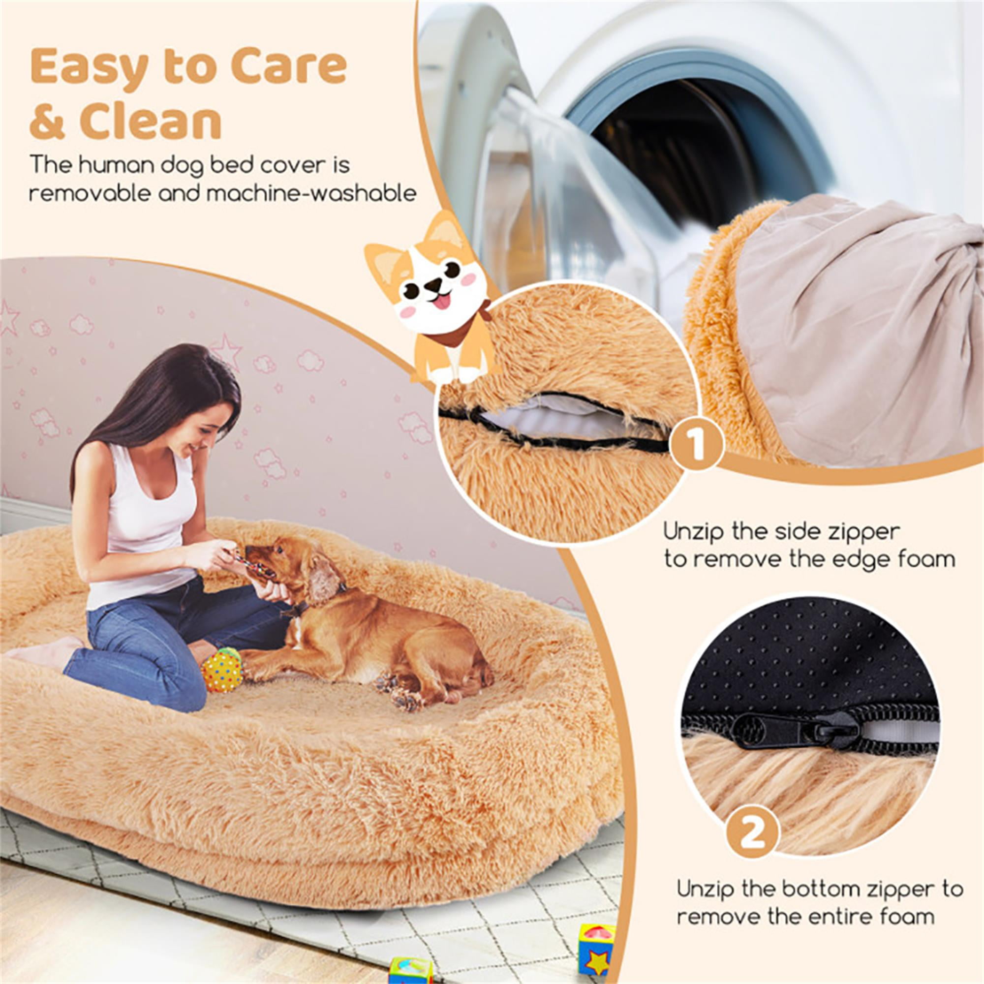 Kadyn 68" Dog Bed Sofa for Large Dogs with Soft Blanket and Plump Pillow, Stylish Washable Fluffy Pet Couch Furniture, Beige