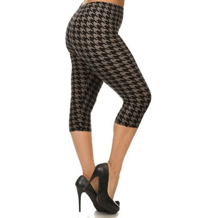 Gray Capris - Womens Plus Size Black Grey Houndstooth 3/4 Crop Capri Leggings (One Size Plus)
