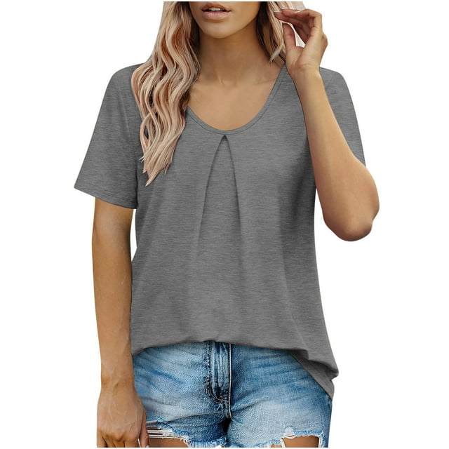 AherBiu Hauts d'Été pour Femmes Col Rond Froncé Décontracté Manches Courtes T-Shirts Blouse