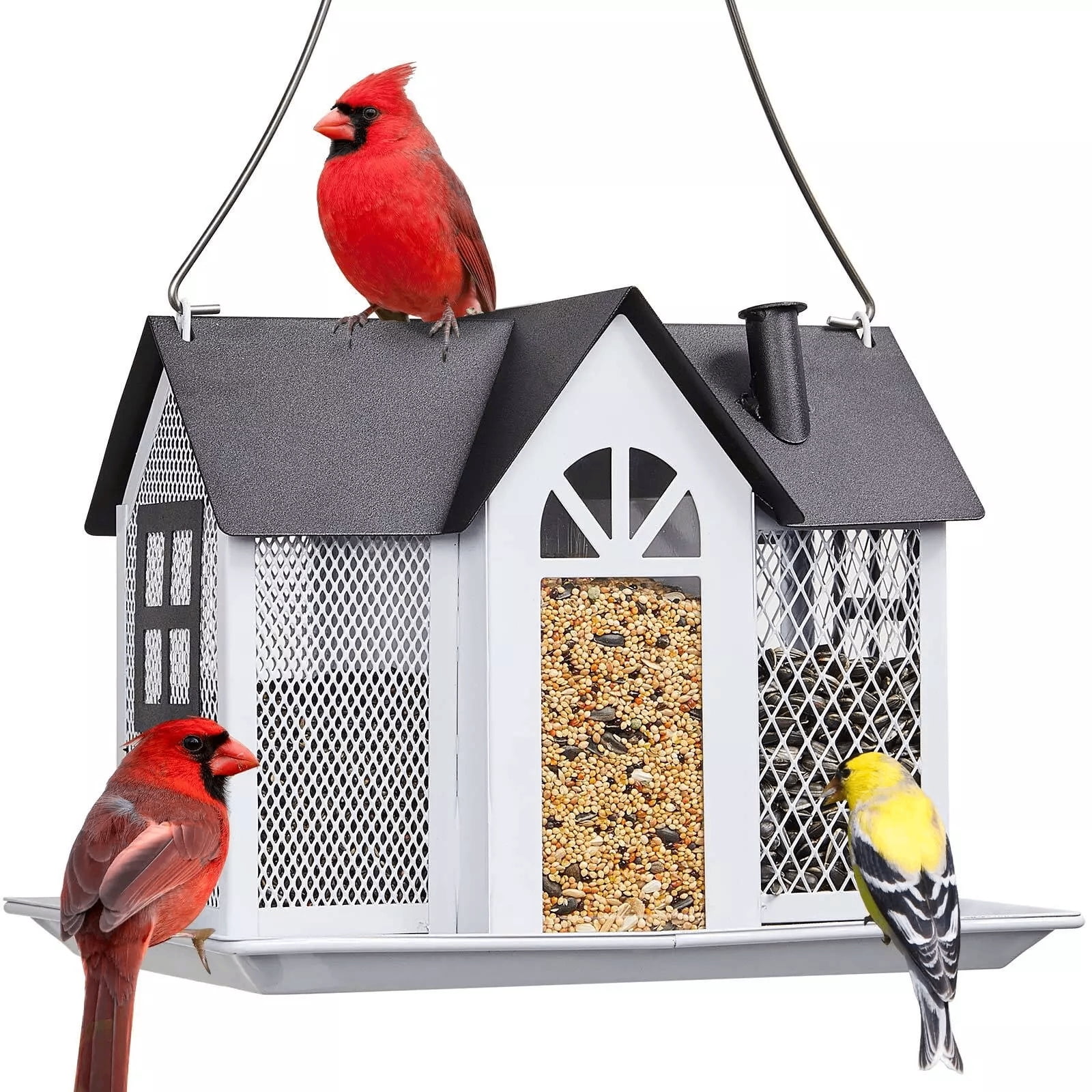 Hanging Bird Feeders for Outside, Bird Houses for Outdoor, Metal Mesh Wild Bird Feeder for Finch Cardinal Chickadee, Yard Decoration, Weatherproof and Durable White