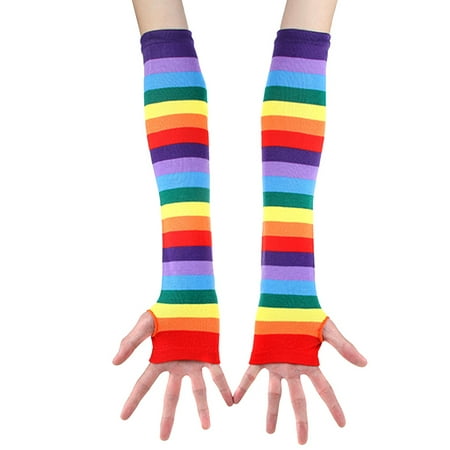Women Winter Warm Knitting Fashion Rainbow Color Stripe Mittens Gloves with Long Sleeve