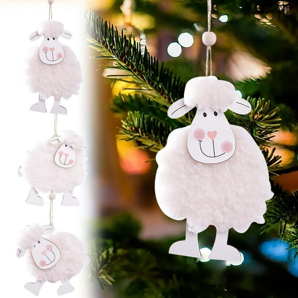 Adornos de Árbol de Navidad de Oveja de Lana - Decoración colgante de madera para colgantes de árbol, corona o regalo