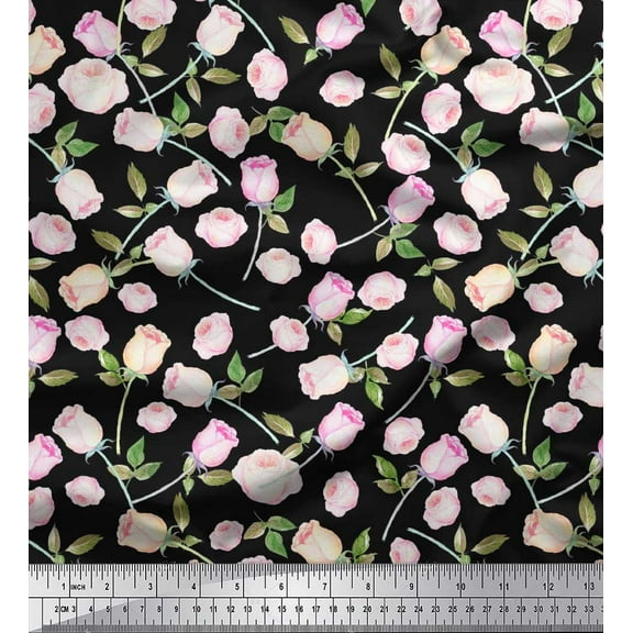 Soimoi Black Cotton Duck Fabric Leaves & Rose Floral Decor Fabric Printed Yard 42 Inch Wide