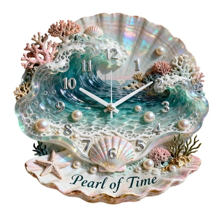 BingTong Pearl of Time Wooden Wall Clock – 12 Inch Silent Nautical Beach Decor, Battery-Operated Hanging Clock (C)