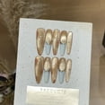 thumbnail image 2 of Glitter French Tip Reusable Handmade Press on Nails for Women Elagent French Tip Extra Long Almond Gold Light Blue Fake Nails, 2 of 4