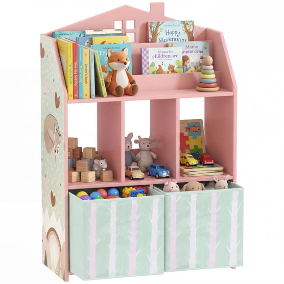 Qaba Toy Storage Unit with Book Display, Shelves, Fabric Drawers, Pink