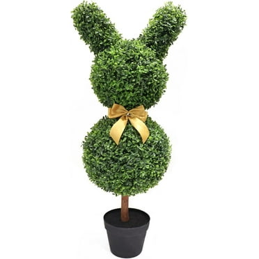 TETAIA 25 INCH Artificial Bunny-Shaped Bowknot Topiary Tree Rabbit Shaped Topiary Trees UV-Resistant Boxwood Topiaries for Porch Decor Outdoor/Indoor
