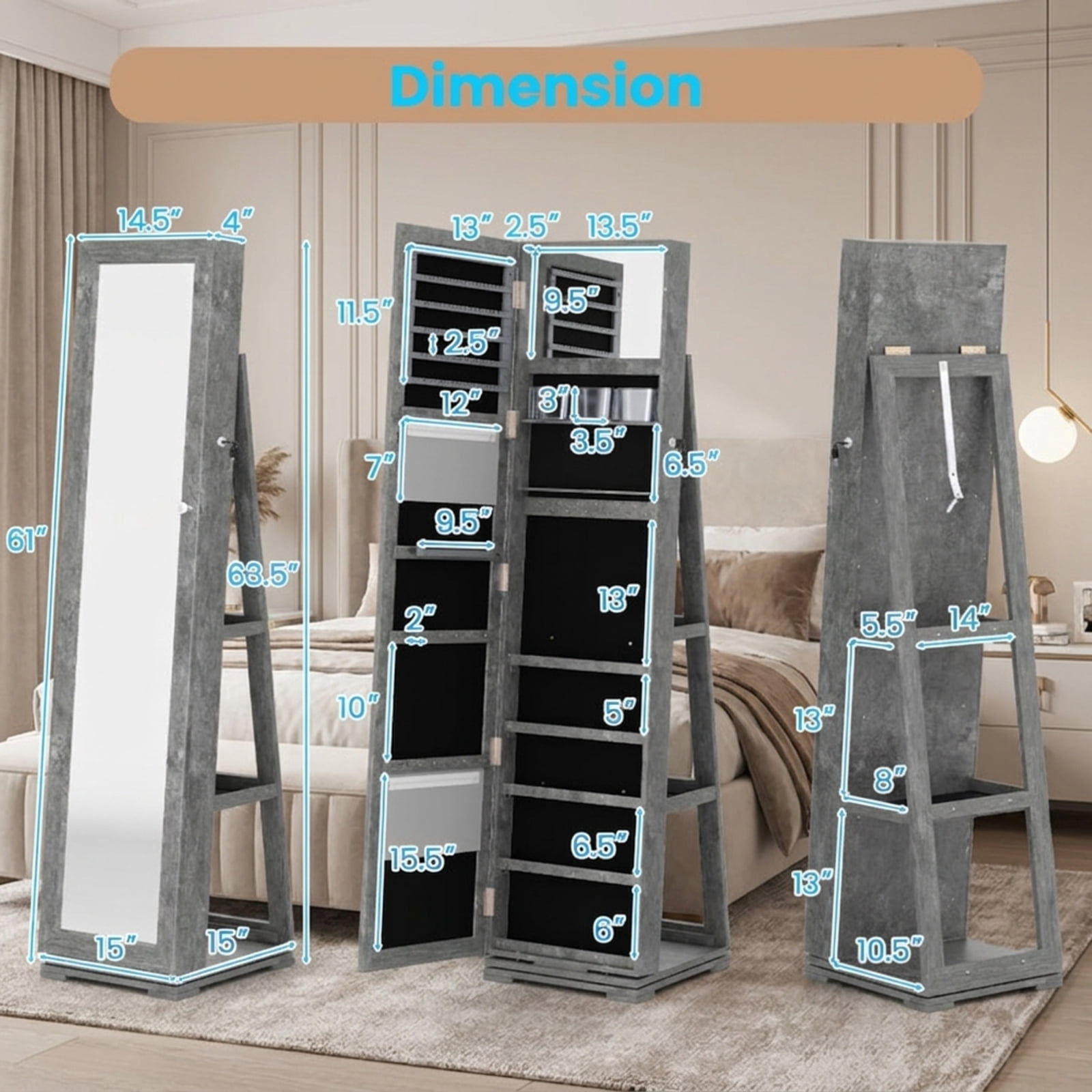 Furnibear 360° Rotatable 2-in-1 Lockable Jewelry Cabinet with Full-Length Mirror for Bedroom Dressing Room Jewelry Necklace Rings Storage, Green