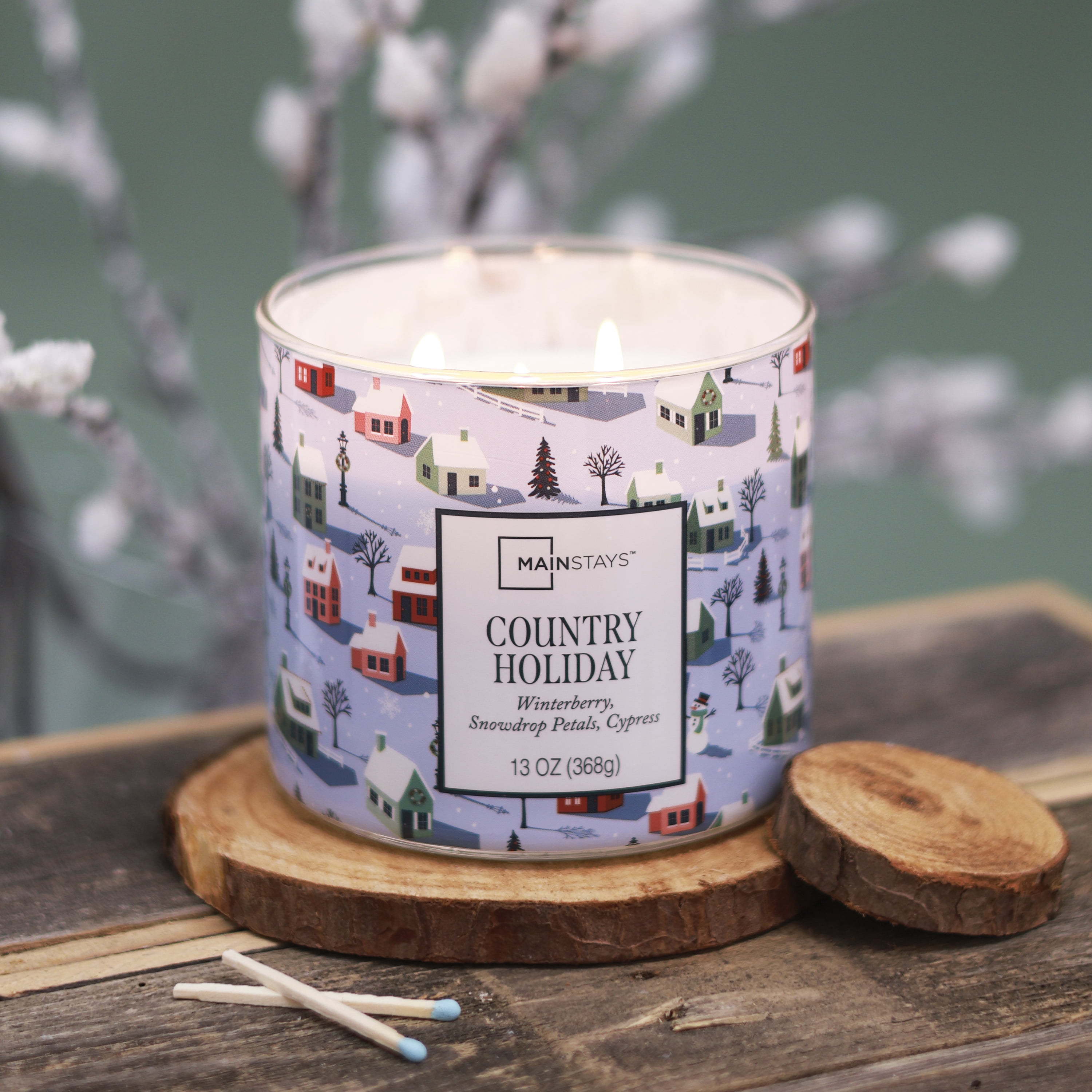Mainstays 3-Wick Country Holiday Scented Candle with a Village Toss Scene Wrap, 13-Ounce