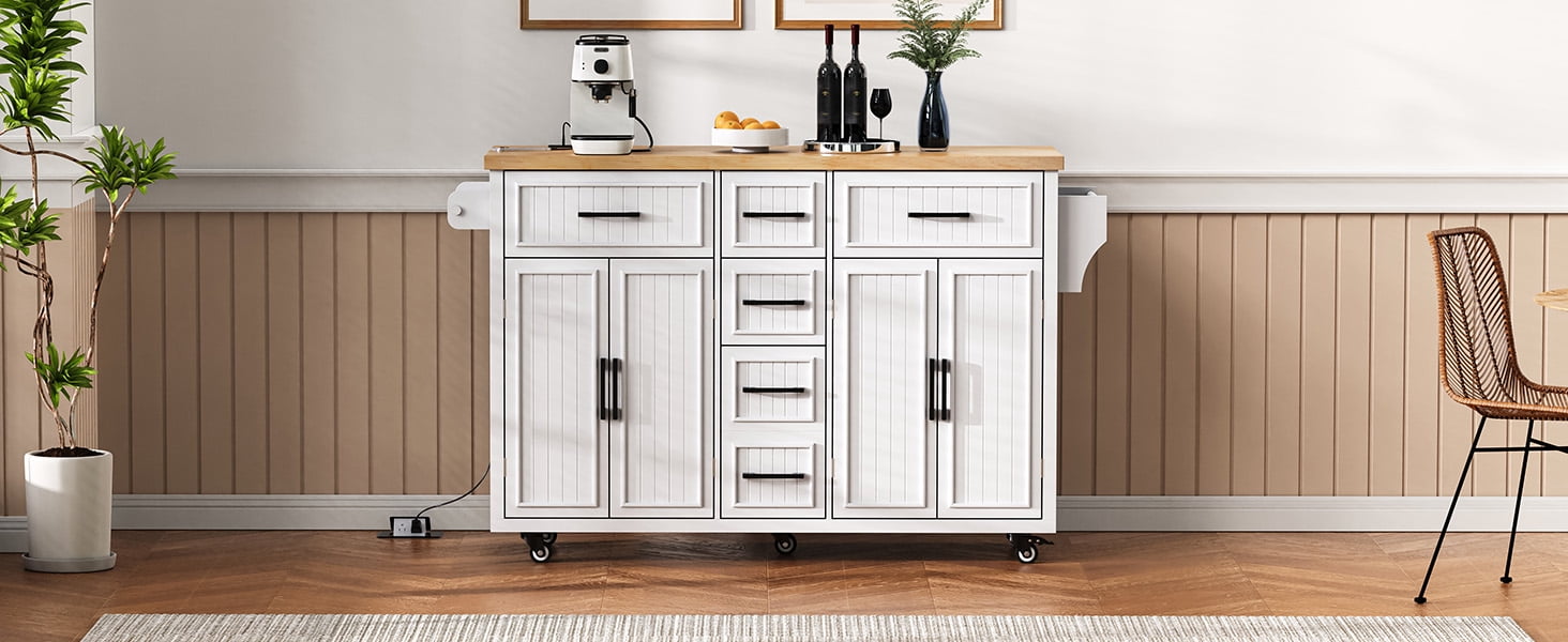 56.5'' Kitchen Island with Drop Leaf, Power Outlet, Embossed Vertical Stripe Rolling Kitchen Cart on Wheels with 4 Doors , 5 Deep Drawers and Adjustable Shelves, for Kitchen, Dining Room, White