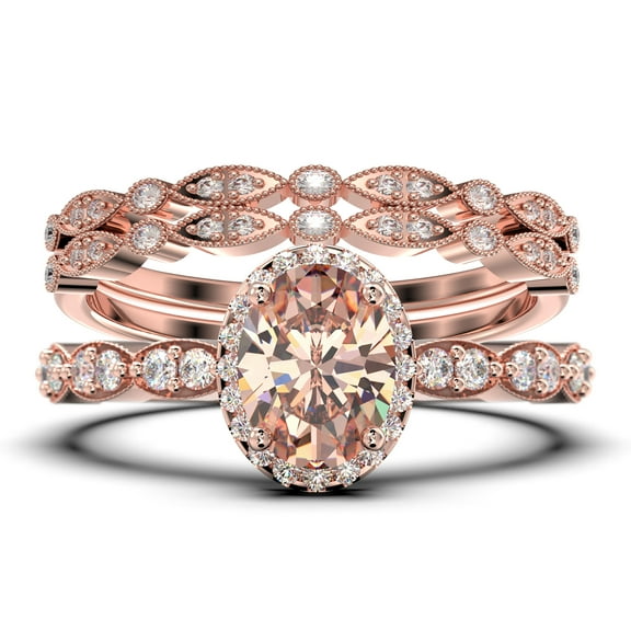 Art Deco 2.75 Carat Oval Cut Morganite And Diamond Moissanite Classic Engagement Ring, Halo Wedding Ring in 925 Sterling Silver With 18k Rose Gold Plating Gift For Her, Trio Set, Matching Band