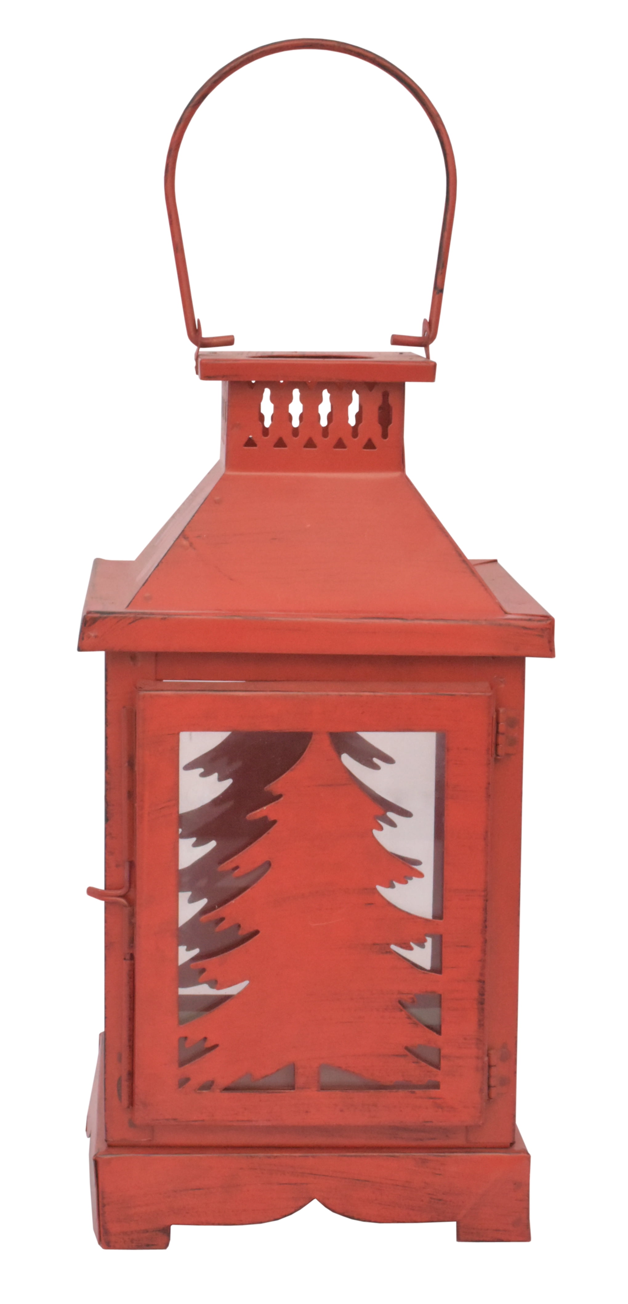 Holiday Time Metal & Glass Lantern Tree design Red Antique Finish 10 inch
