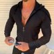 thumbnail image 3 of Sudadera con capucha de lunares a cuadros para hombre con cordón, corte ajustado, manga larga, moda, color negro L, 3 of 6