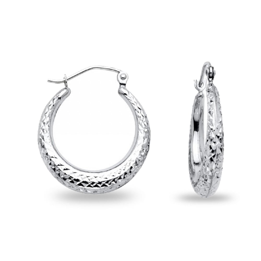 Hoop Earrings 14k White Gold Graduated Design Diamond Cut Polished French Lock Genuine 15 x 4 mm Hoop Earrings 14k White Gold Graduated Design Diamond Cut Polished French Lock Genuine 15 x 4 mm