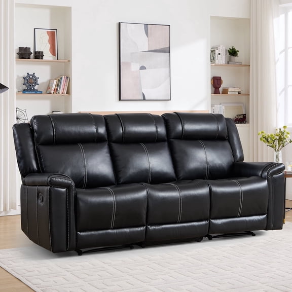 Ebello Faux Leather Manual Reclining Sofa, Mid-Century Modern 3-Seater Couch with Padded Headrest and Armrest for Living Room, Home Theater, Black