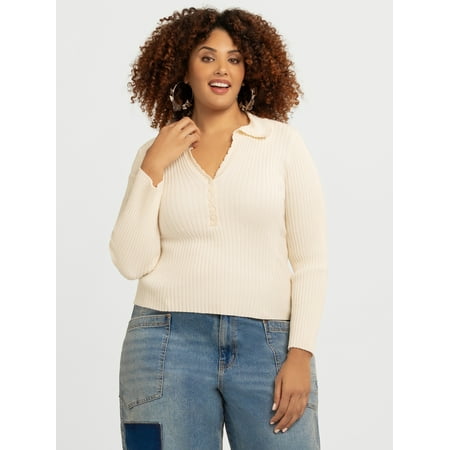 Jessica Simpson Women's and Women's Plus Luanne Polo Sweater with Long Sleeves, Lightweight, Sizes XS-4X