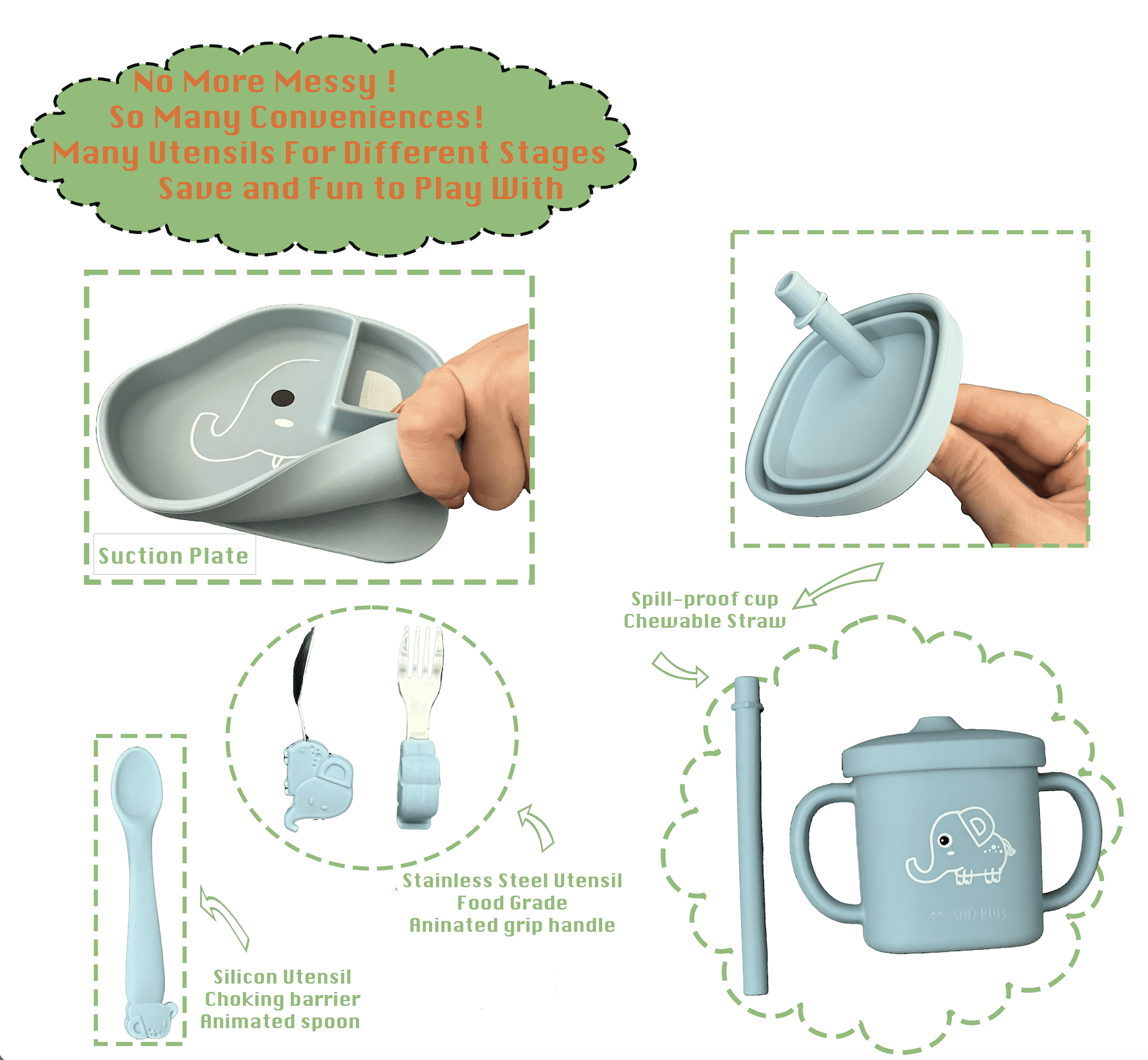 SnD Plus Silicone Baby Feeding Set – 8 PCS Toddler Self-Feeding Set with Suction Plate, Placemat, Adjustable Bib, Sippy Cup, Straw, Two Spoon, Fork – Vanilla Elephant