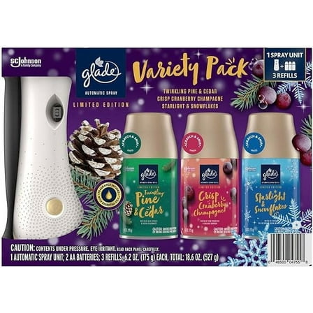 Glade Automatic Spray Air Freshener, 1 Holder   3 Refills, Mixed Holiday Scents