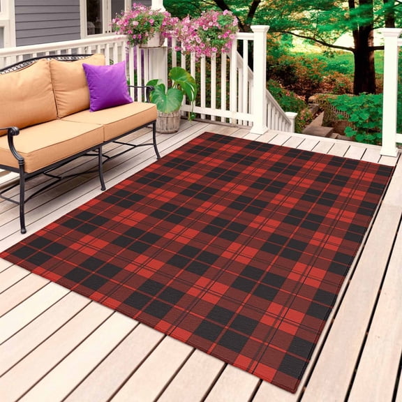 Red Black Christmas Outdoor Rug 5x7 Ft, Non Slip Washable Area Rug, Winter Farmhouse Xmas Checkered Plaid Patio Rugs Carpet Runner, Large Floor Mat for Indoor/Outdoor Deck Porch Camping