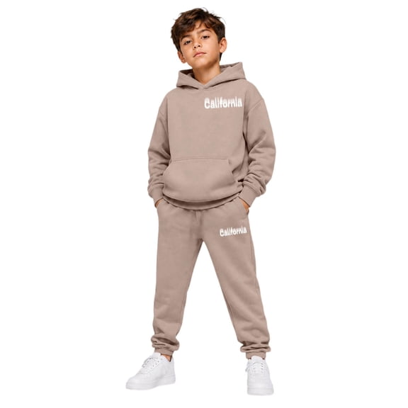 RUTAYY Boys 2 Piece Clothing Set City Graphic for Kids Cozy Hooded Tracksuit Long Sleeve Casual Everyday Wear, Khaki