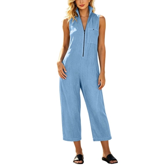 Capri Jumpsuits for Women Zipper Front Sleeveless Casual Rompers Wide Leg Collared One Piece Jumpsuit Light Blue, XL