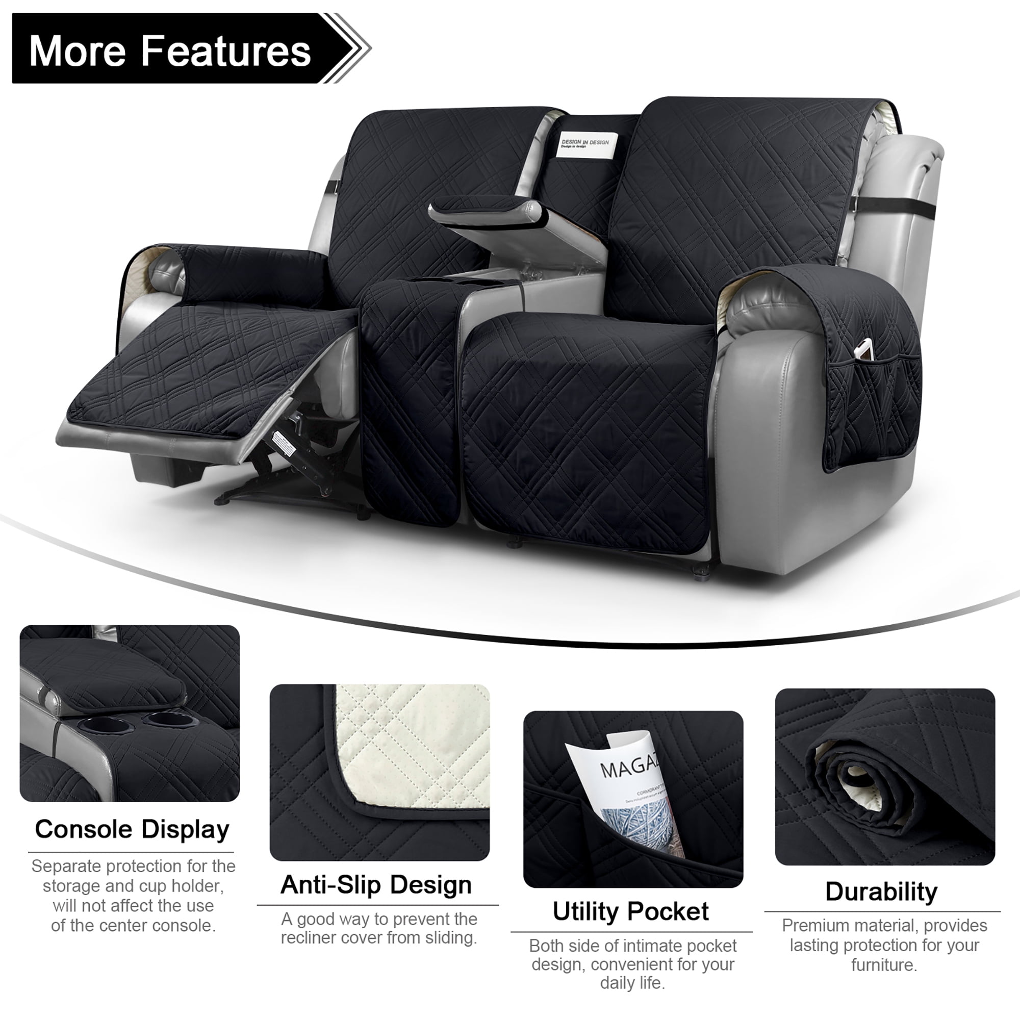 TAOCOCO Waterproof Loveseat Recliner Cover with Console, Non-Slip Pet Slipcover for Dual Loveseat Recliner Split Reclining Loveseat Cover,Black